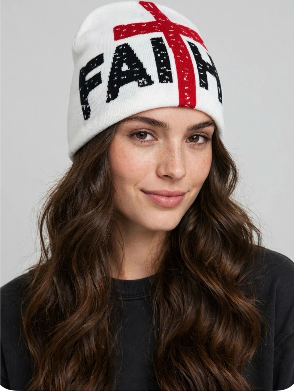 Unisex - Faith Knit Beanie - White with Red Cross